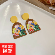 銀針?lè)ㄊ接彤嫽ǘ錁?shù)脂耳環(huán)個(gè)性時(shí)尚設(shè)計(jì)耳墜復(fù)古清新唯美耳飾批發(fā) 5#銀針-黃色-淺咖色