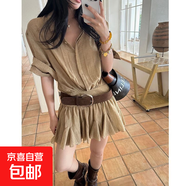 高級感修身收腰顯瘦翻領(lǐng)短袖襯衫連衣裙女夏季復古氣質(zhì)百褶裙短裙 卡其色連衣裙送卡其腰帶 XL 【建議120-130斤】