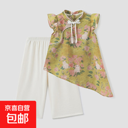 2025夏季新款女童套裝新中式國風牡丹印花甜美小飛袖上衣純色長褲 綠色小貓 90