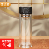 耐高溫高硼硅加厚雙層玻璃杯透明泡茶杯茶水分離杯隔熱車載水杯 黑色波紋燒厚底中杯 300ml 1只