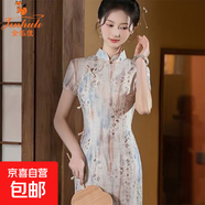 金狐貍春夏改良旗袍-高開(kāi)衩短袖旗袍-自信中青女性新款氣質(zhì)旗袍時(shí) 杏色 杭錦繡&927 2XL 建議150-165斤