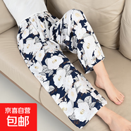 棉綢睡褲女夏季薄款人造棉防蚊褲闊腿褲綿綢2025年新款沙灘褲子 白色牡丹 XL （建議135-160斤）