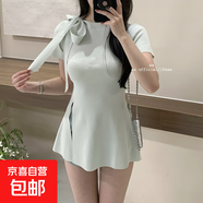 茶歇蝴蝶結(jié)綁帶針織衫女夏荷葉邊收腰開叉短袖t恤氣質(zhì)名媛風(fēng)上衣 綠色 L