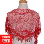 韓版女蕾絲碎花三角巾鏤空透氣包頭紗田園復古風(fēng)三角披肩防曬頭巾 紅色