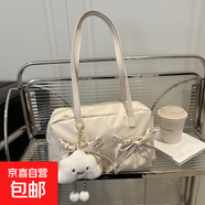 通勤大容量蝴蝶結包包女2025新款保齡球包單肩腋下包手提枕頭包 米白色