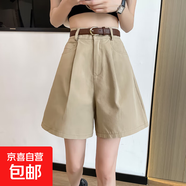 純棉綠色大碼西裝短褲女夏季薄款高腰顯瘦寬松休閑運動時尚顯瘦褲 卡其色【無腰帶】 3XL 【建議145-160斤】