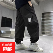 兒童裝男童春秋褲子防蚊褲新款中大童薄款褲男孩工裝褲 黑色 160
