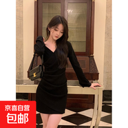 V領(lǐng)收腰褶皺連衣裙女春秋季長袖修身短款包臀裙子 黑色 XL 【建議120-130斤】