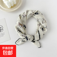 全棉絲巾小方巾女士春季新款歐美頭巾百搭腰果印花棉麻圍巾 QM5802-小馬米白 58*58cm