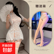 旗袍蕾絲斜襟綁帶女開(kāi)衩心機復古連衣裙透視睡裙情趣內衣 白色+白開(kāi)襠襪  818 均碼