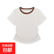 修身正肩短袖女t恤夏季2025新款美式短款獨特掐腰夏日漂亮小上衣 T918-白灰色拼咖色領(lǐng) M