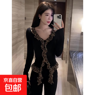 美式辣妹豹紋拼接長(cháng)袖女裝秋冬新款設計感修身內搭打底衫上衣XXC 黑色【優(yōu)質(zhì)款】 S 70-90斤