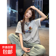 刺繡小狗夏季潮酷純棉短袖T恤女2025新款設計感寬松半袖上衣服XY 灰色 L
