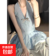 韓系純欲風波點蝴蝶結(jié)掛脖背心女夏季獨特別致花苞下擺設計感上衣 藍色【銀色蝴蝶結(jié)】 XL