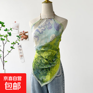 油畫上衣女夏季新款海邊度假辣妹掛脖吊帶小背心短款小上衣絲巾 DD7001-小綠綠 均碼