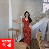 2025新款夏季復古紅色印花碎花荷葉邊連衣裙長裙茶歇無袖荷葉邊潮 紅色 L
