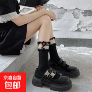 蕾絲花邊拼接短襪日系甜美少女洛麗塔奶白色棉質(zhì)蝴蝶結中筒堆堆襪 黑色1雙