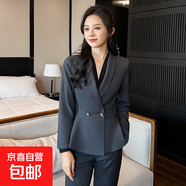 西裝套裝女正裝職業(yè)工作服氣質(zhì)美容院酒店足浴技師珠寶店西服外套 灰色外套+西褲 3XL (建議128-138斤左右)