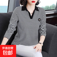 翻領(lǐng)長(cháng)袖t恤女2025春秋新款條紋polo衫修身體恤女中年媽媽打底衫 A11-小條紋 M 【建議80-95斤】