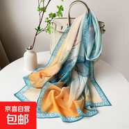 春夏新款防曬薯莨紗絲巾女喜鵲花卉印花披肩旅游輕薄長(cháng)紗巾圍巾 SLS004-透明藍花 180*90cm