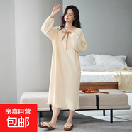 韓版睡裙女秋中長(zhǎng)款純棉春秋季休閑長(zhǎng)袖家居服大碼寬松可外穿睡衣 【QM82004】米黃系帶女款 4XL （建議180-200斤）
