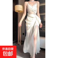 法式肌理感拼接蕾絲連衣裙女夏季設計感鏤空露腰開(kāi)叉吊帶長(cháng)裙禮裙 連衣裙 M 【建議100-110斤】