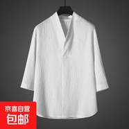中國(guó)風(fēng)男裝襯衫夏季復(fù)古風(fēng)襯衫長(zhǎng)袖男上衣V領(lǐng)中式漢服七分袖襯衫D 輕熟潮C34白色 L