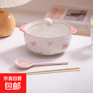 超仙雙耳泡面碗蝴蝶結高顏值陶瓷面碗耐高溫高級帶蓋少女螺獅粉碗 仙女白【四件套】泡面碗+蓋+勺筷