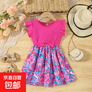 春夏新款荷葉邊袖蝴蝶結(jié)女童休閑連衣裙 玫紅色 100