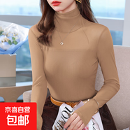 白色高領(lǐng)打底衫女長(cháng)袖針織網(wǎng)紗拼接T恤2025新款韓系穿搭內搭上衣 杏色（單件上衣） L 【建議體重100-108斤左右】