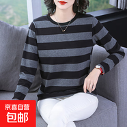 條紋大碼長(cháng)袖T恤女2025新款體恤春秋上衣寬松顯瘦媽媽打底衫ZHFS 灰黑條紋 L