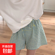 夏季家居短褲女碎花印花高腰顯瘦闊腿褲運動休閑褲子寬松格子睡褲 綠色