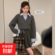 假兩件針織連衣裙女爆品韓版小香風(fēng)慵懶寬松韓版顯瘦毛衣裙女HM1 灰色 L