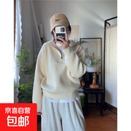 錦裳淑韓國chic秋季慵懶風(fēng)翻領(lǐng)拉鏈坑條設(shè)計感寬松百搭泡泡袖毛衣 米色 S