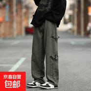 機能綁帶工裝褲男春秋季寬松直筒休閑褲潮牌潮流ins高街褲子男款 綠色 常規(guī) 高品質(zhì) M 建議90-110斤