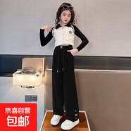 春秋季2024女童燈芯絨中大童韓版褲子新款高腰秋款女童闊腿褲子 BBE-A41【黑色雙鈕燈芯絨單褲】 170