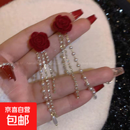 喜慶紅色絲絨蝴蝶結(jié)耳釘女耳環(huán)氣質(zhì)甜美花朵長款流蘇耳飾耳墜秋冬 植絨花朵流蘇耳釘