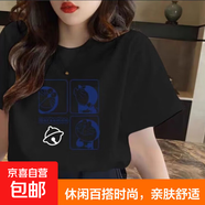 夏季短袖T恤女學(xué)生寬松潮ins印花韓版印花五分短袖 四個(gè)機器貓黑色 5XL