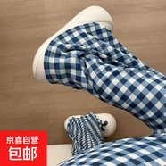大碼黑白格子褲子女夏季薄款高腰垂感顯瘦休閑復(fù)古直筒冰絲闊腿褲 藍(lán)色格子【原版好質(zhì)量】 2XL (建議135-165斤)