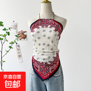油畫(huà)上衣女夏季新款海邊度假辣妹掛脖吊帶小背心短款小上衣絲巾 DD7001-酒紅 均碼