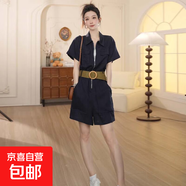 【送腰帶】高級感時尚工裝連體褲女2025年夏季新款顯瘦短褲D2410 黑色 M 【100-110斤】