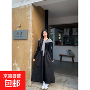 復古氣質(zhì)純色圓領(lǐng)顯瘦長袖連衣裙女秋設(shè)計感長袖拼接a字長裙披肩 黑裙+灰披肩+皮帶 L 【建議110-120斤】