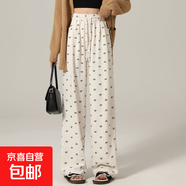 腰顯瘦闊腿褲寬松春季松緊腰時尚百搭垂順軟糯舒適休閑女長褲 米白-高個子款(身高167厘米以上) S