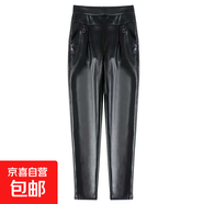 秋冬新款加絨皮褲女高腰外穿PU長(cháng)褲修身顯瘦小腳鉛筆褲打底褲子潮 黑色（單褲）不加絨 4XL 推薦135-150斤