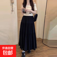新款高腰顯瘦大擺傘裙純色A字長(cháng)裙子夏季溫柔風(fēng)氣質(zhì)壓褶半身裙女 1022赫本黑#蛋糕裙 M (推薦【95-110斤】)