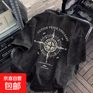 復古重磅短袖t恤男士夏季美式潮牌流寬松男款夏天潮流半袖上衣服 黑灰色 ZS17 2XL (建議體重130-145斤左右）