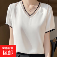 夏季新款韓版女絲滑緞面網(wǎng)紗時(shí)尚性感寬松休閑v領(lǐng)女拼色短袖t恤Q 白色 M 體重85-100