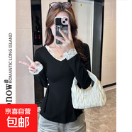 辣妹蕾絲拼接長(cháng)袖t恤女春秋掐腰紐扣純欲風(fēng)寬松顯瘦打底衫上衣XY 黑色 2XL