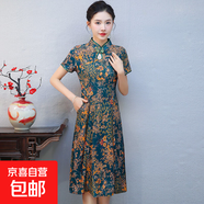 中年女夏裝短袖復古旗袍連衣裙高檔媽媽洋氣大碼無(wú)開(kāi)叉改良旗袍裙 藍色 2XL 105-120斤