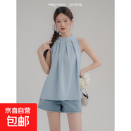 藍(lán)色無袖掛脖襯衫t恤女2025年夏季新款吊帶壓褶顯瘦露肩上衣裙子 藍(lán)色 XL